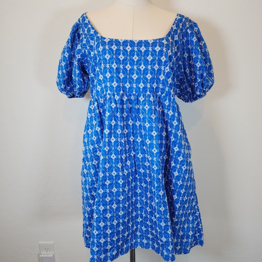 Rhode Embroidered Mini Dress Blue White Puff‎ Sleeve Square Neck Medium
